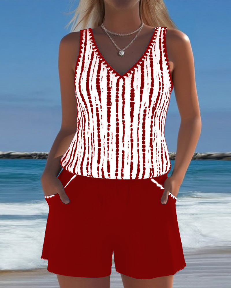 Mia | Casual Two Piece Printed V-Neck Swimsuit with Pockets