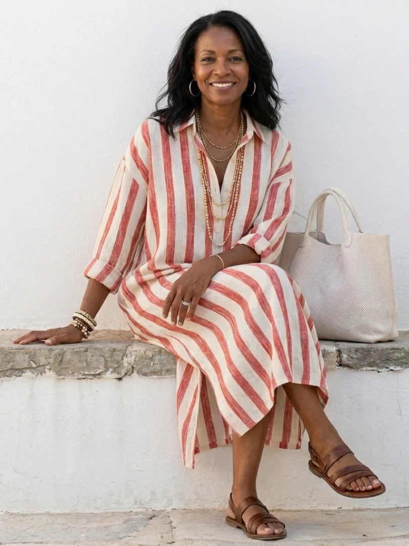 Naomi | Long Sleeve Striped Midi Shirt Dress