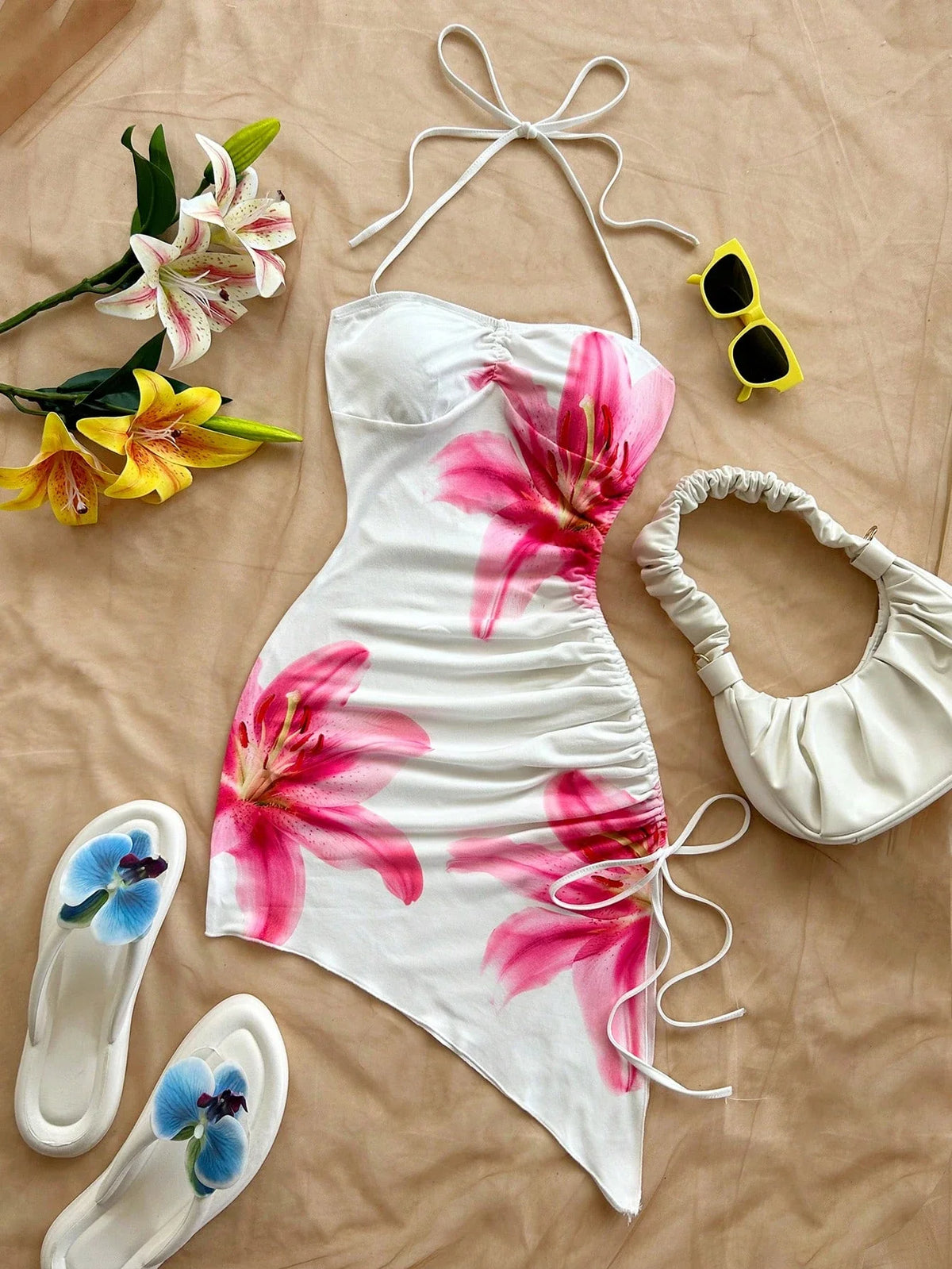 Liesel | Floral Halter Asymmetric Mini Dress