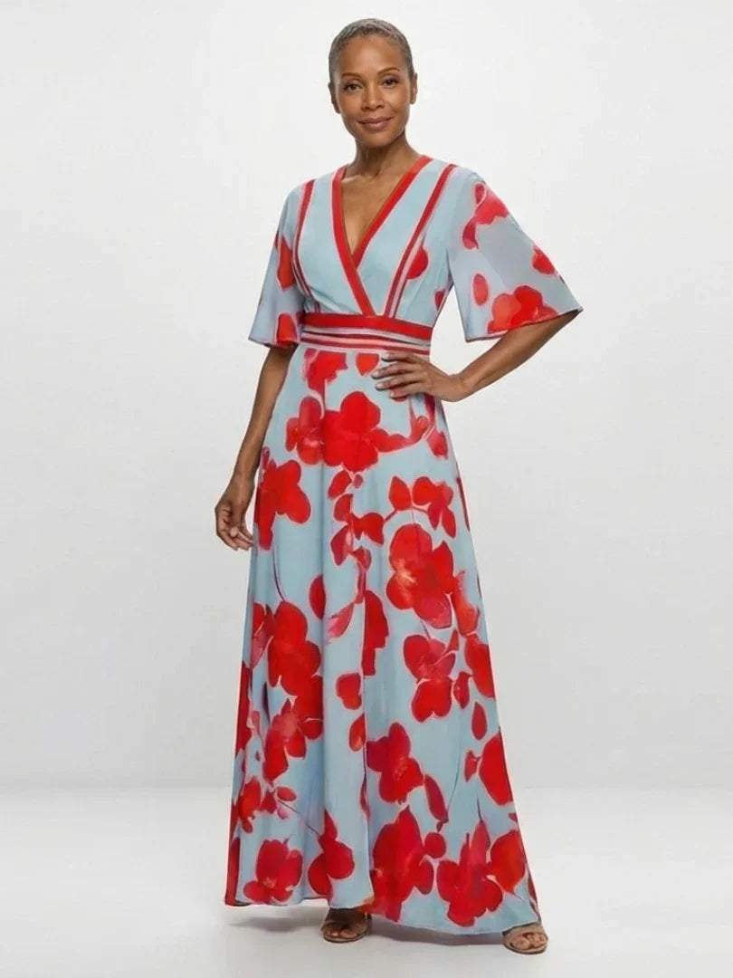 Corinne | V Neck Short Sleeve Floral Maxi Dress