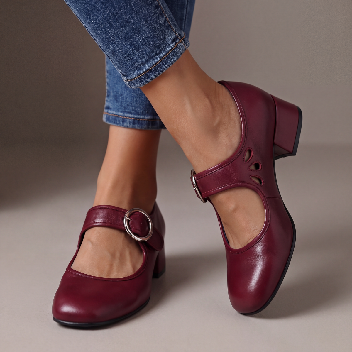 Valentina Leather Block Heel Mary Janes | Women's Buckle Strap Shoes