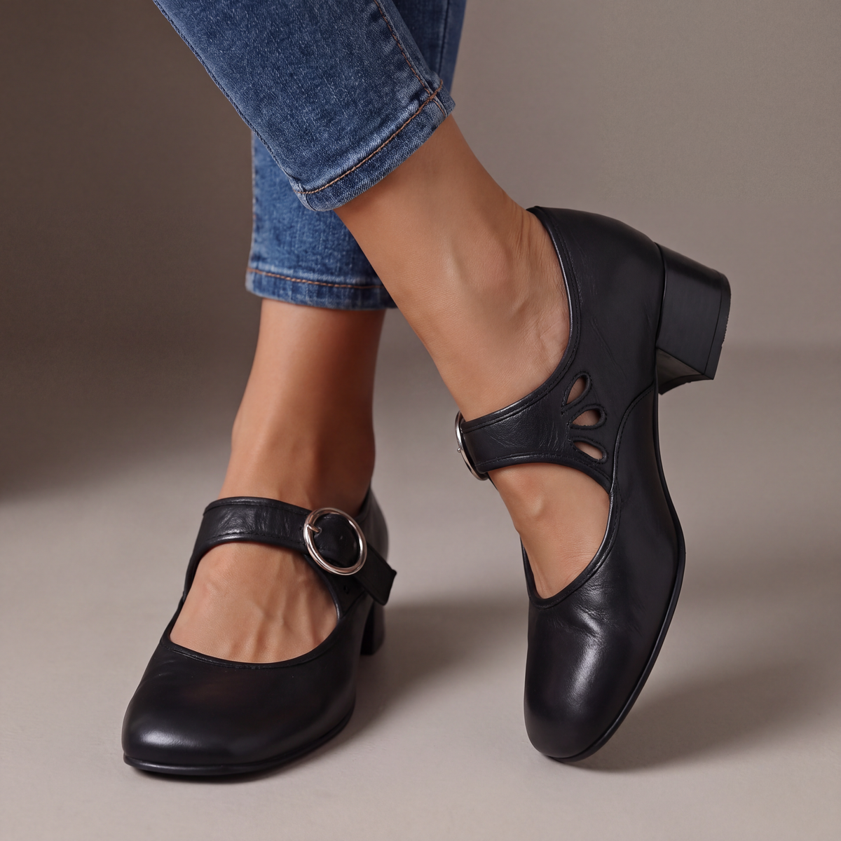 Valentina Leather Block Heel Mary Janes | Women's Buckle Strap Shoes