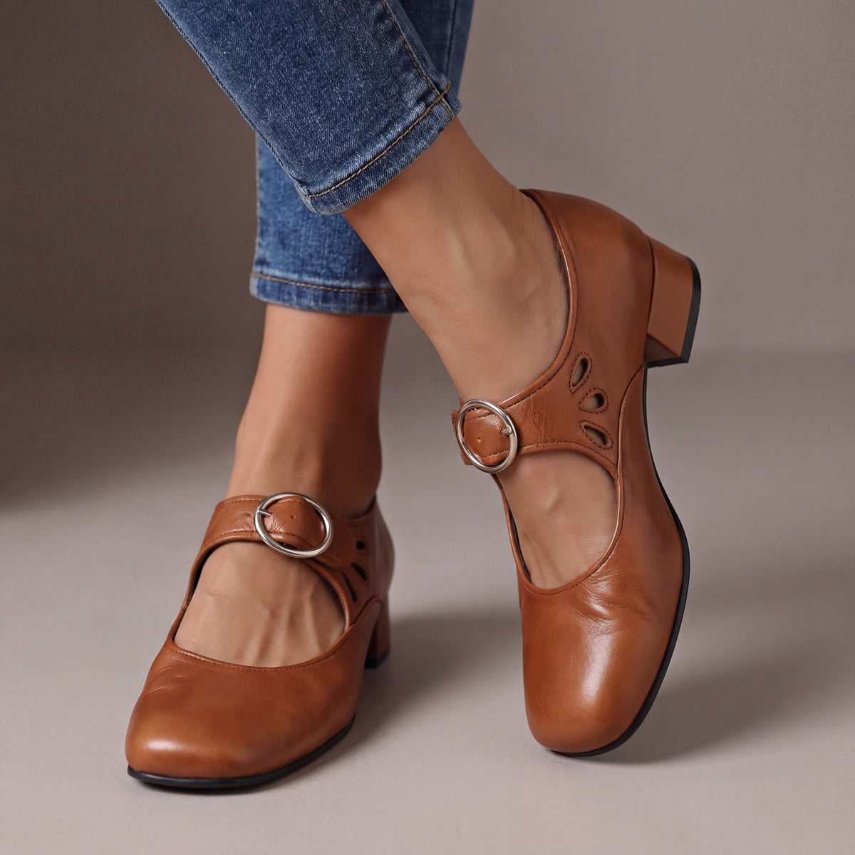 Valentina Leather Block Heel Mary Janes | Women's Buckle Strap Shoes