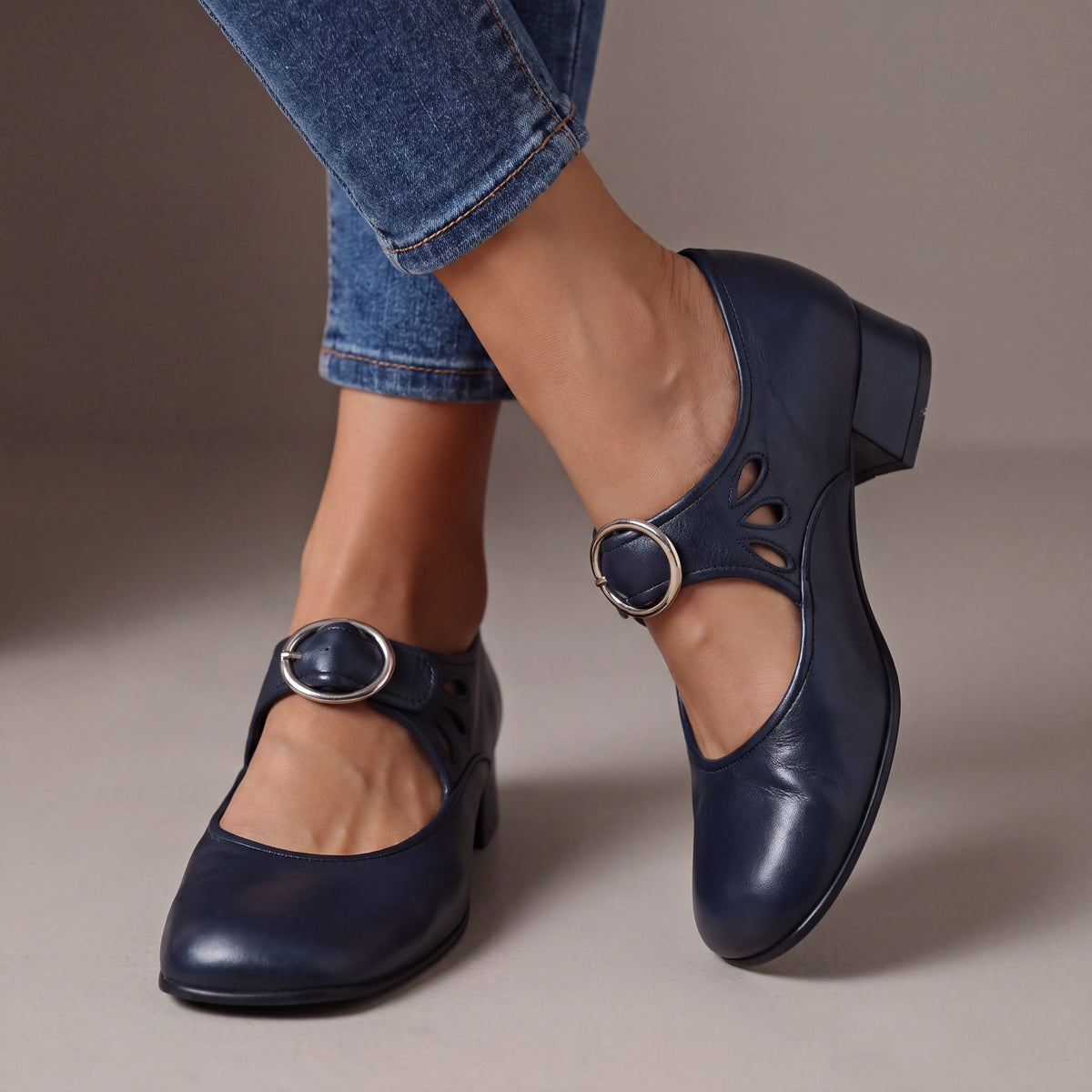 Valentina Leather Block Heel Mary Janes | Women's Buckle Strap Shoes
