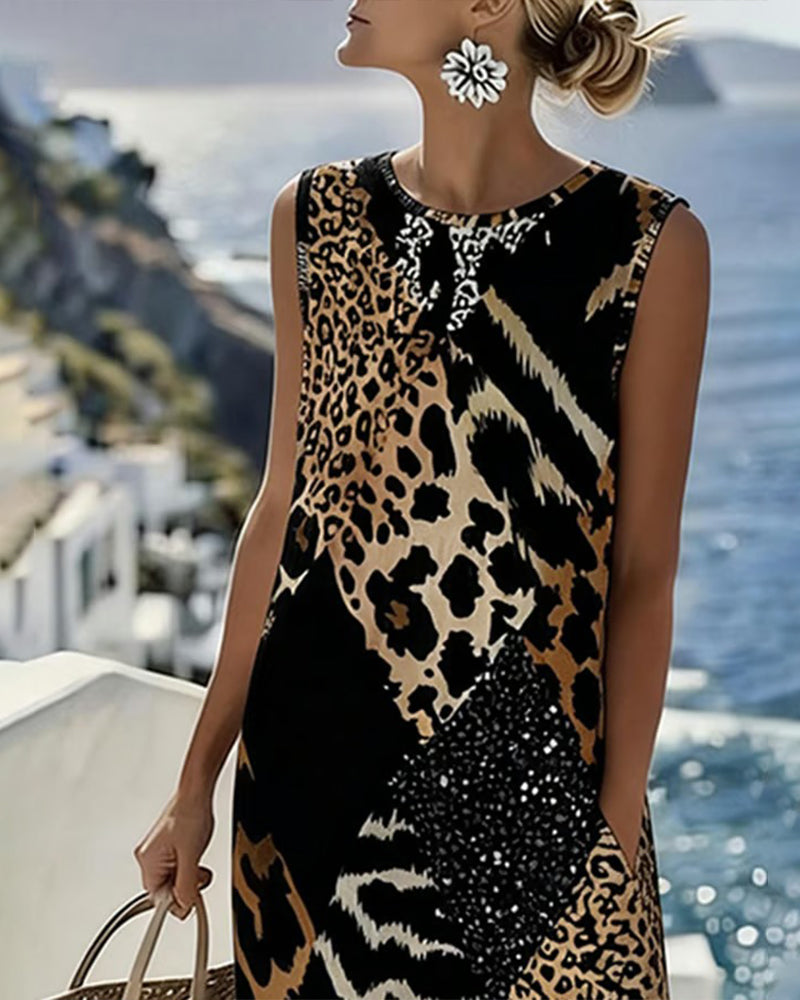 Leopard Print Sleeveless Long Dress