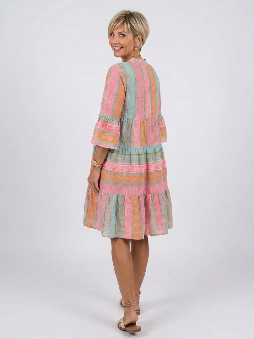 Maelle | Geometric Print V Neck Tiered Knee Length Dress