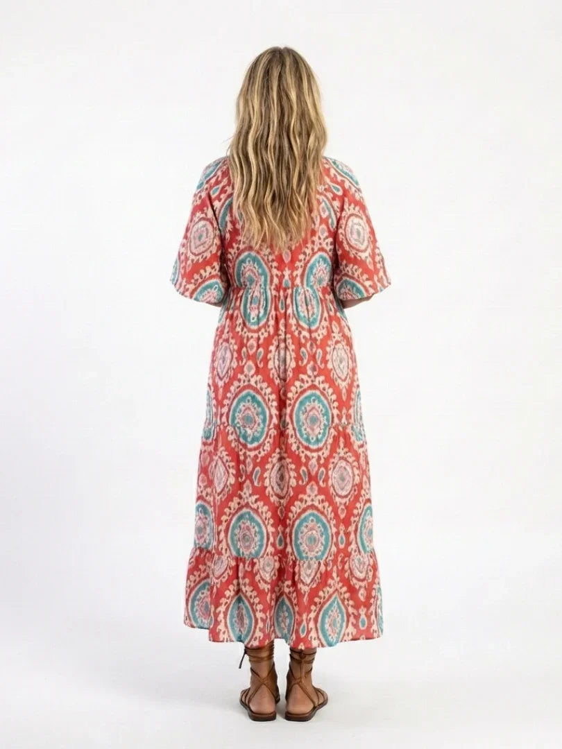 Zaria | Paisley Print V Neck Short Sleeve Midi Dress