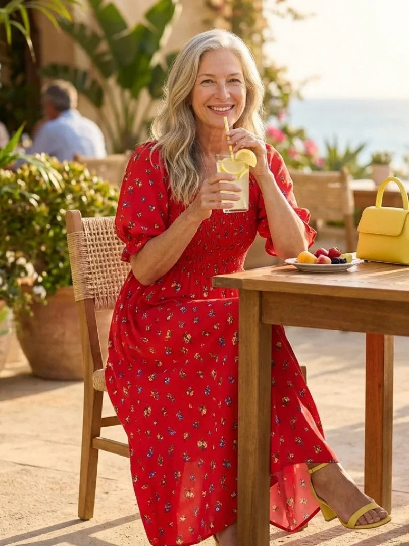 Delphine | Square Neck Floral Puff Sleeve Midi Dress
