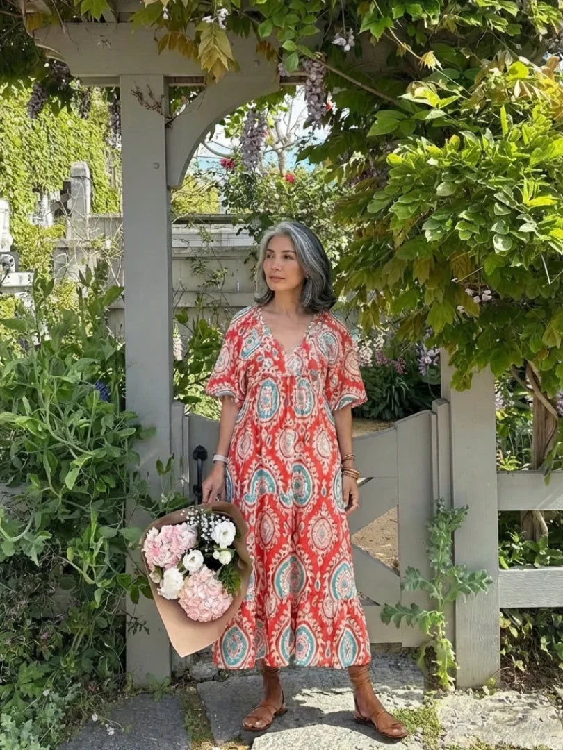 Zaria | Paisley Print V Neck Short Sleeve Midi Dress