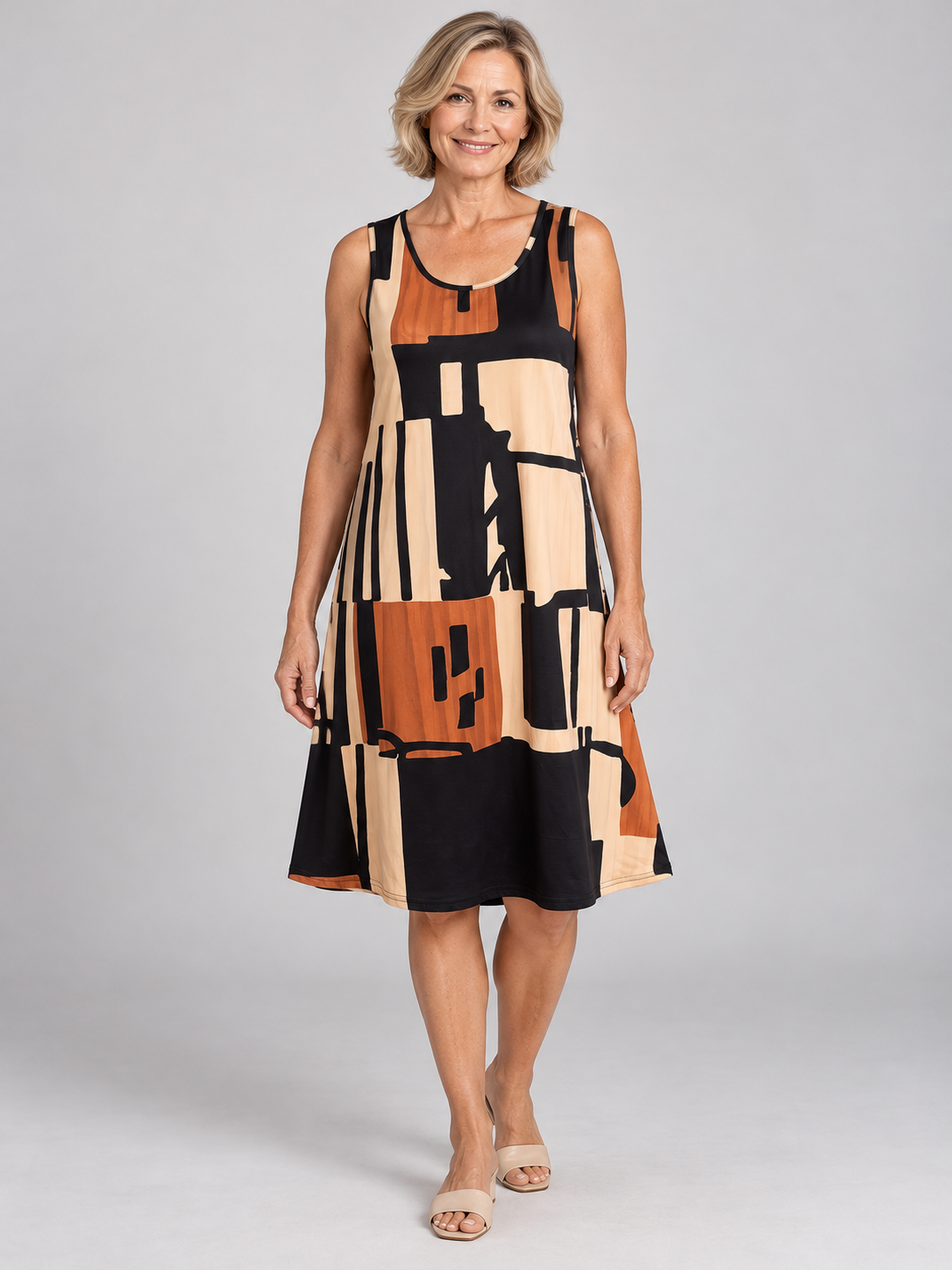 Theodora | Geometric Print Sleeveless Midi Dress