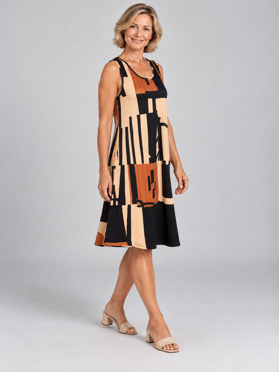 Theodora | Geometric Print Sleeveless Midi Dress