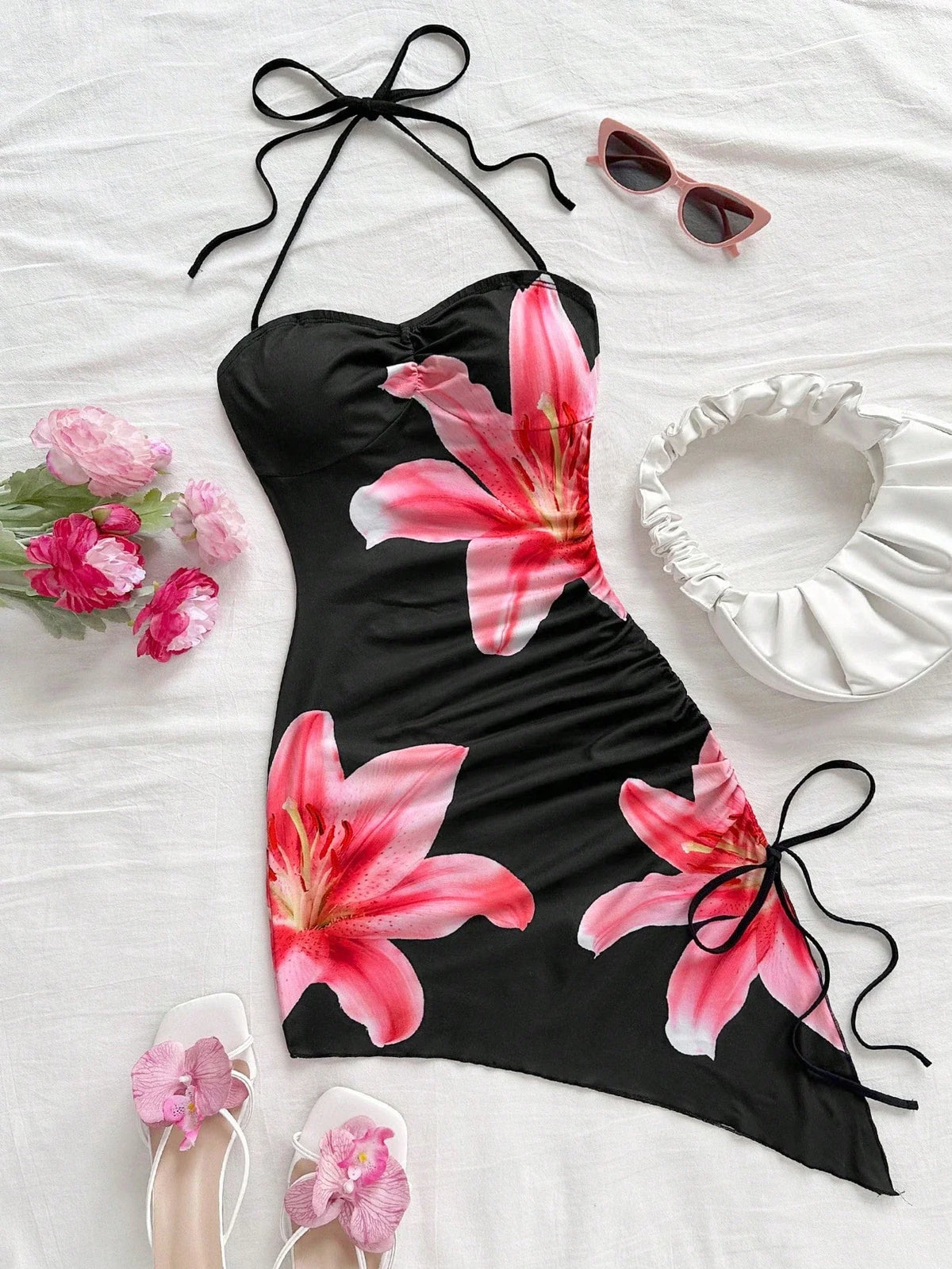 Liesel | Floral Halter Asymmetric Mini Dress