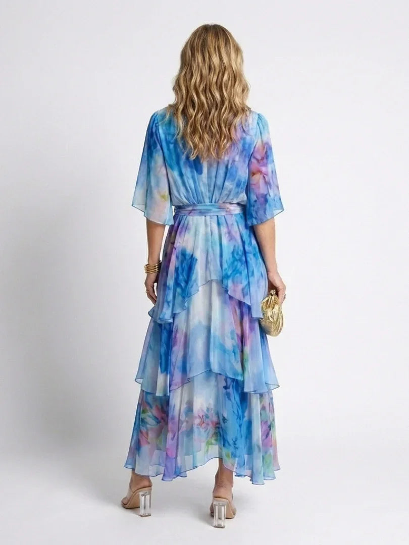 Calista | Sheer Layered V Neck Tie Waist Maxi Dress