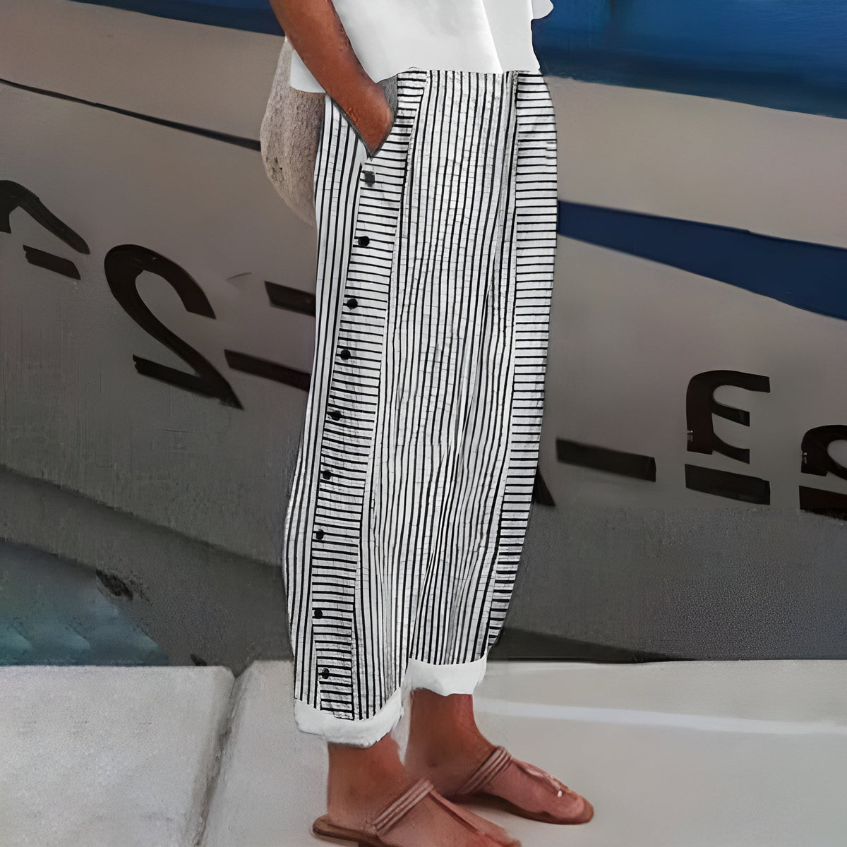 Philippa | Pinstripe Button Panel Trousers