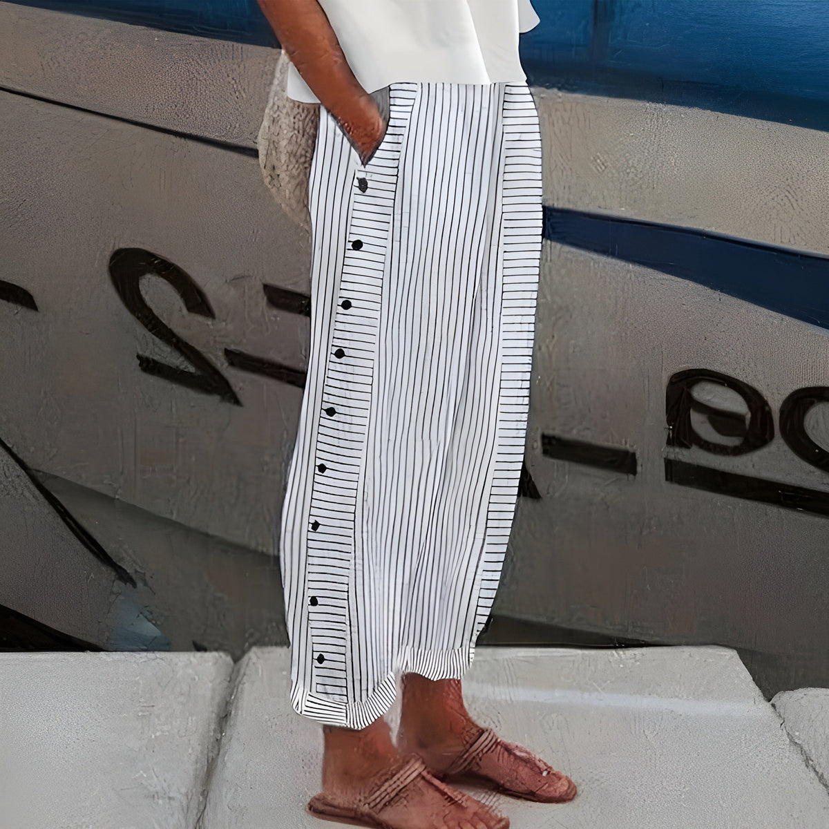 Philippa | Pinstripe Button Panel Trousers